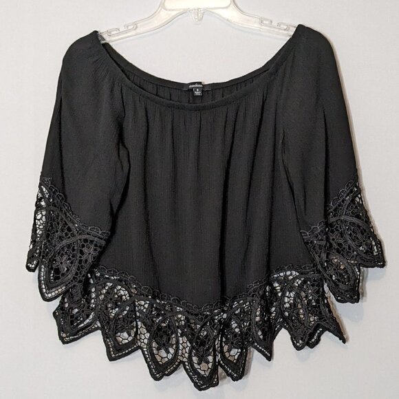 WOMEN'S "Ambiance" Short Black Crepe Peasant Top w Black Lace; Size S - Picture 1 of 5